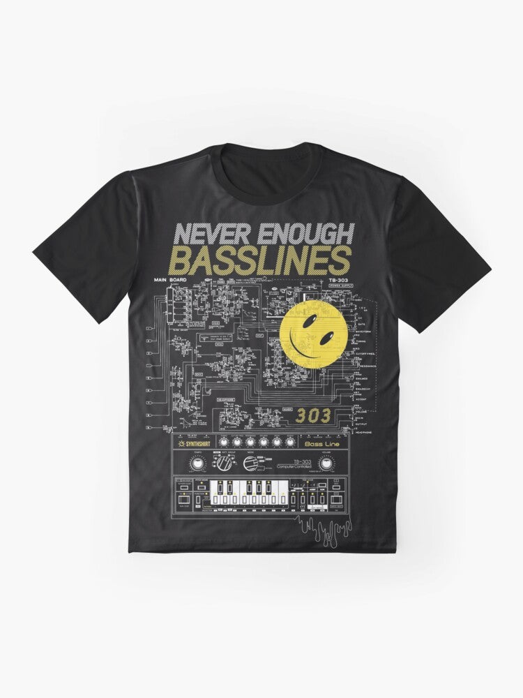 303 / Never Enough Basslines Graphic T-Shirt for electronic music and synth enthusiasts - Flat lay