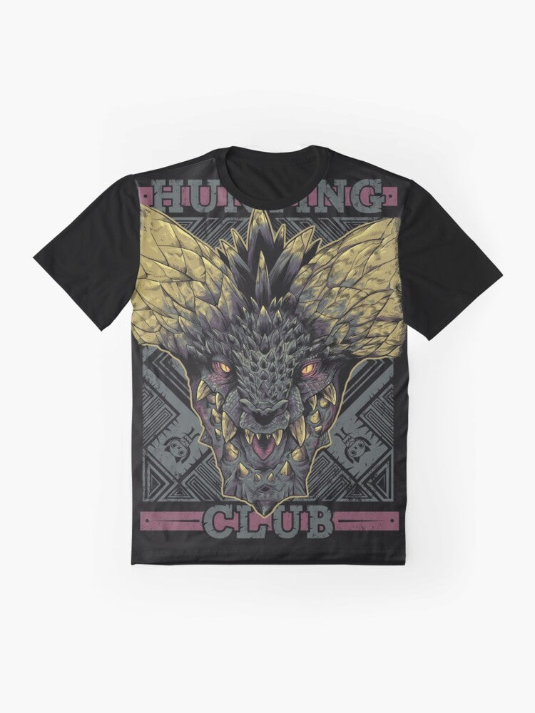 Nergigante, the Elder Dragon from Monster Hunter World, featured on a Hunting Club graphic t-shirt - Flat lay