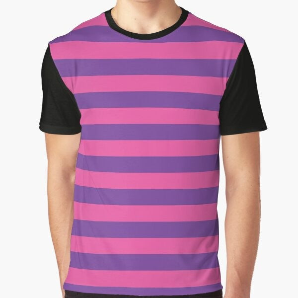 Striped Cheshire Cat graphic t-shirt in shades of pink and purple