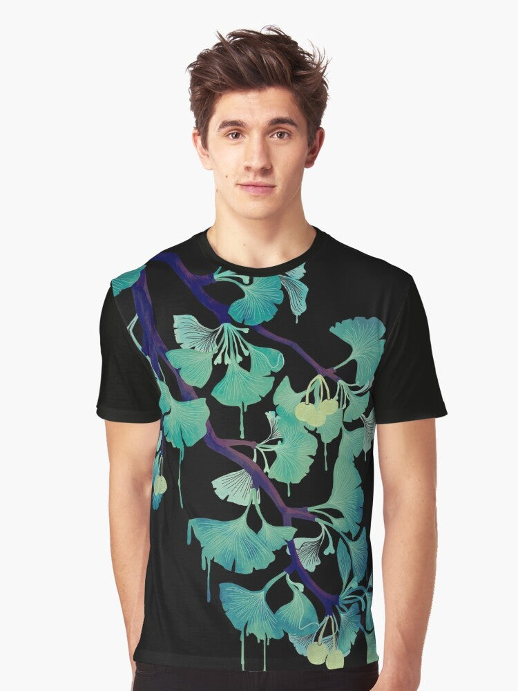 A watercolor-style graphic of a ginkgo tree on a black t-shirt. - Men