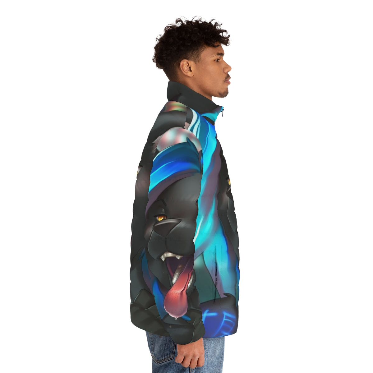 Ichigo Neko anime-inspired puffer jacket with a hooded design and a cute feline print - men side right