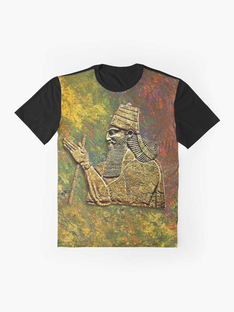 Graphic t-shirt featuring an illustration of an Assyrian king with cultural and historical elements - Flat lay