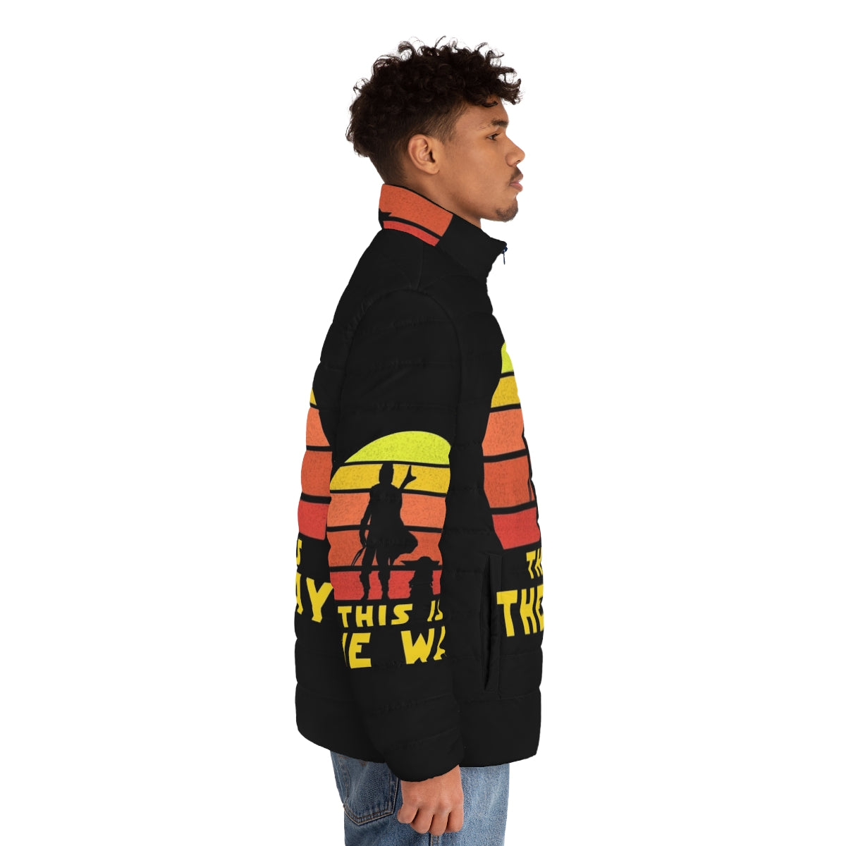 Mando Retro Vol 1 Mandalorian Puffer Jacket featuring the Child and Din Djarin's iconic style - men side right