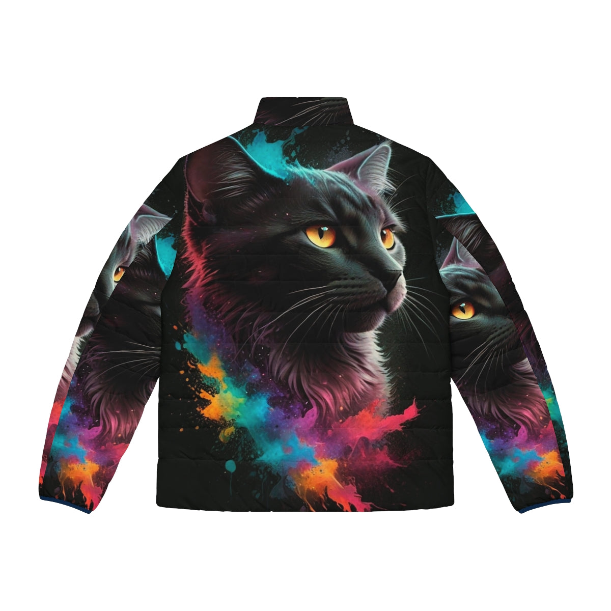 A colorful and whimsical puffer jacket featuring a vibrant splash cat design. - Back