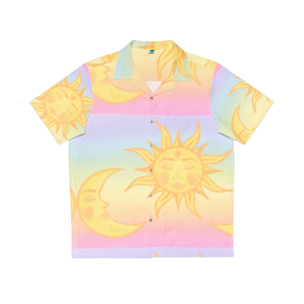 Hippie sun and moons pastel Hawaiian shirt with a whimsical, fantasy-inspired design