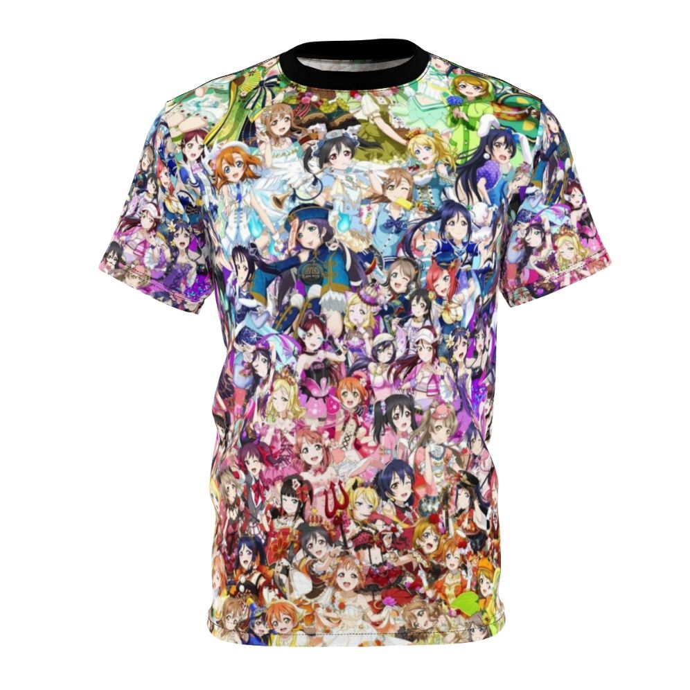 Colorful and eye-catching t-shirt featuring a vibrant rainbow gradient design with the iconic Love Live and Aqours characters.