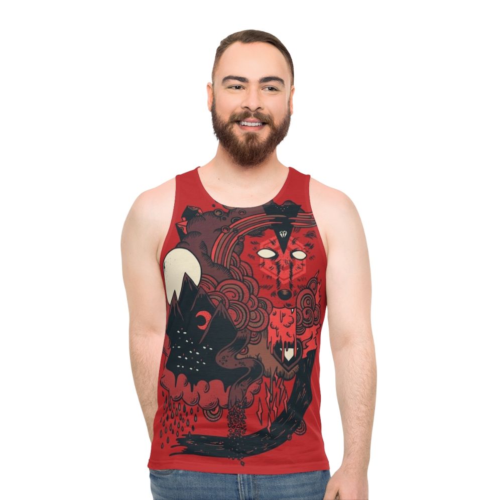 Unisex tank top with a fierce wolf leader design - men