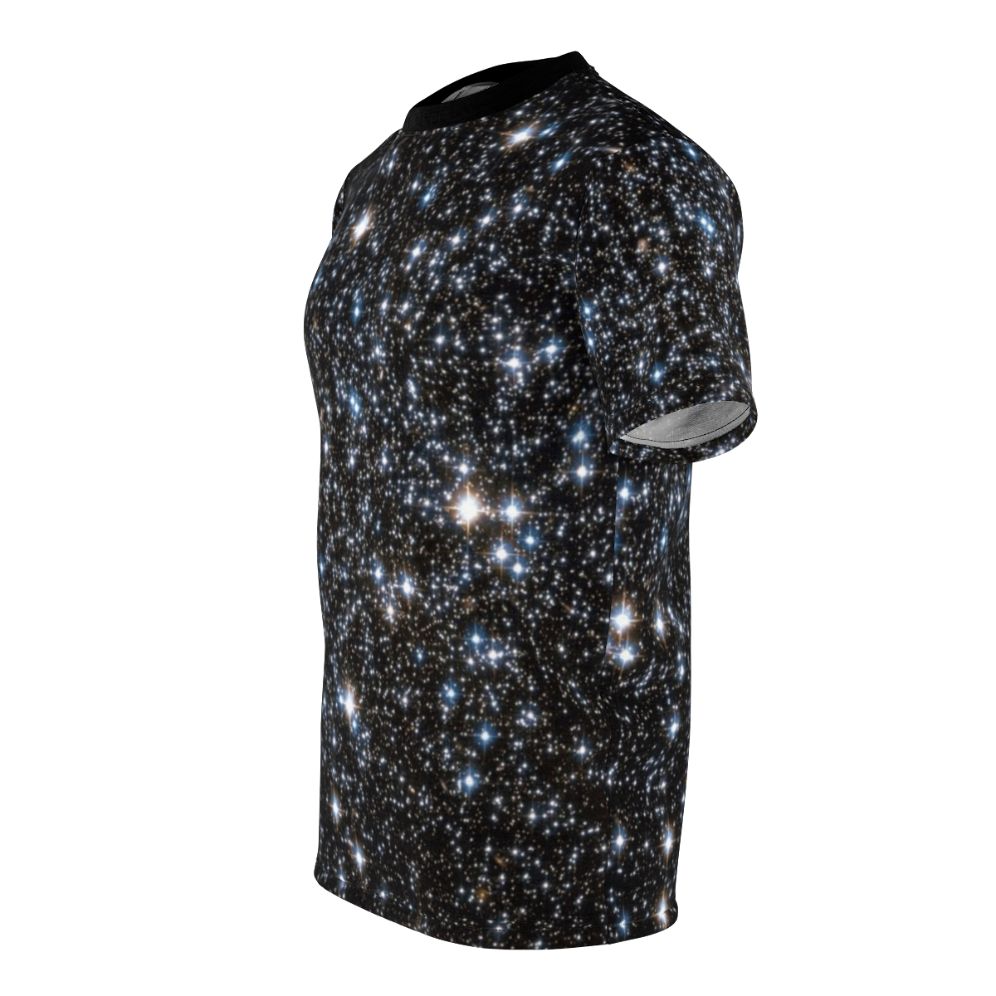 Glitter galaxy space and astronomy themed t-shirt design featuring stars, nebulae, and constellations. - men left