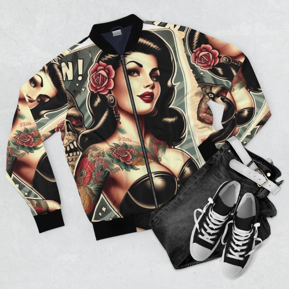 Vintage tattoo pinup bomber jacket with a hot tattooed girl design - Flat lay