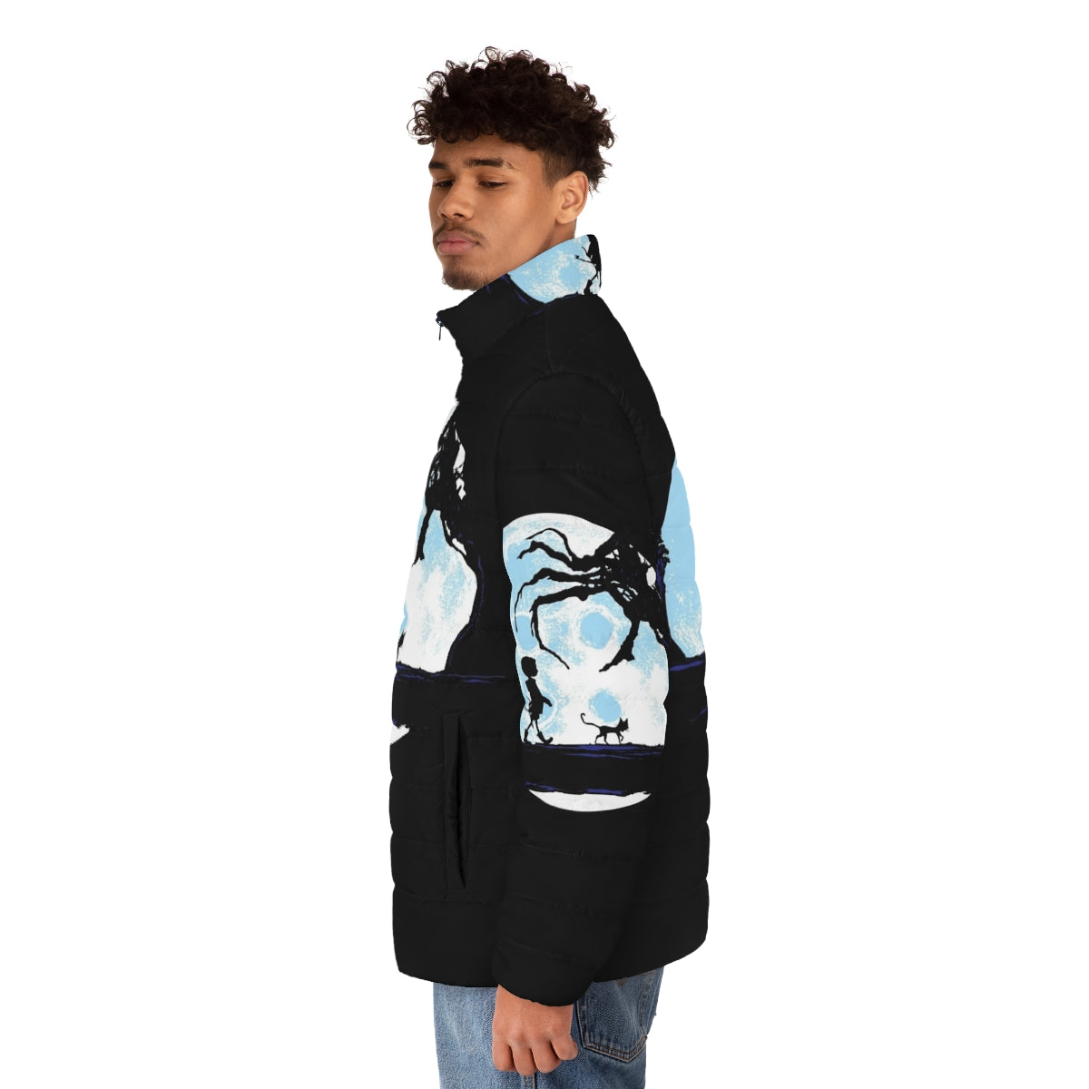 A stylish puffer jacket with a moon and astronaut design, perfect for space enthusiasts - men side left