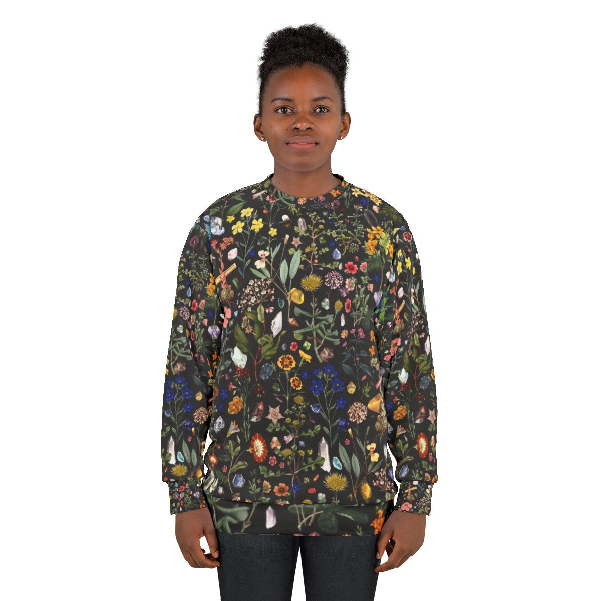 Healing Floral Botanical Sweatshirt with Colorful Nature-Inspired Digital Print - women