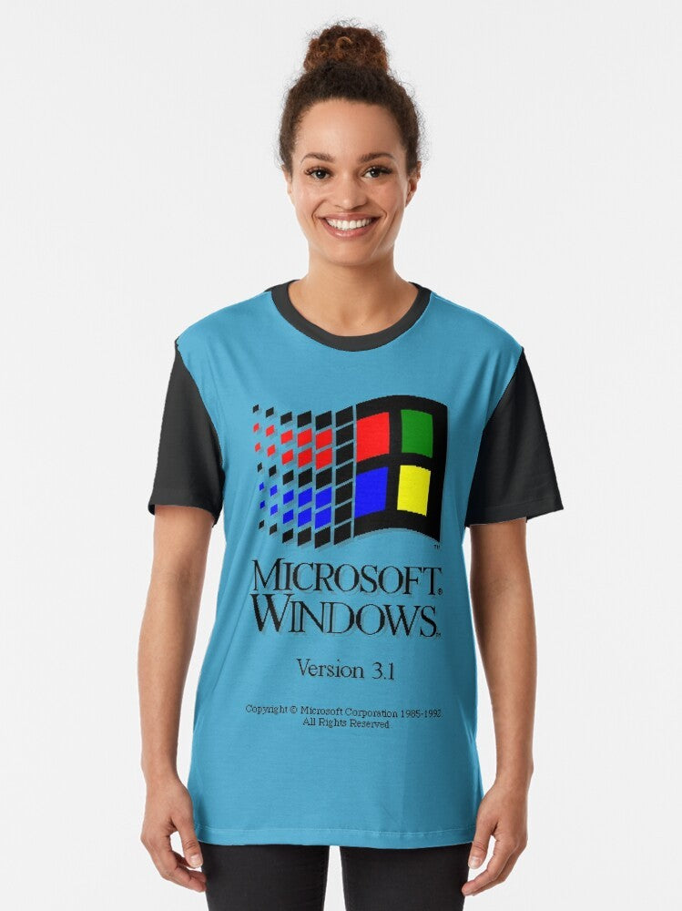 A vintage-style graphic t-shirt featuring the Windows 3.1 operating system logo, evoking nostalgic memories of retro Microsoft gaming and computing in the 90s. - Women