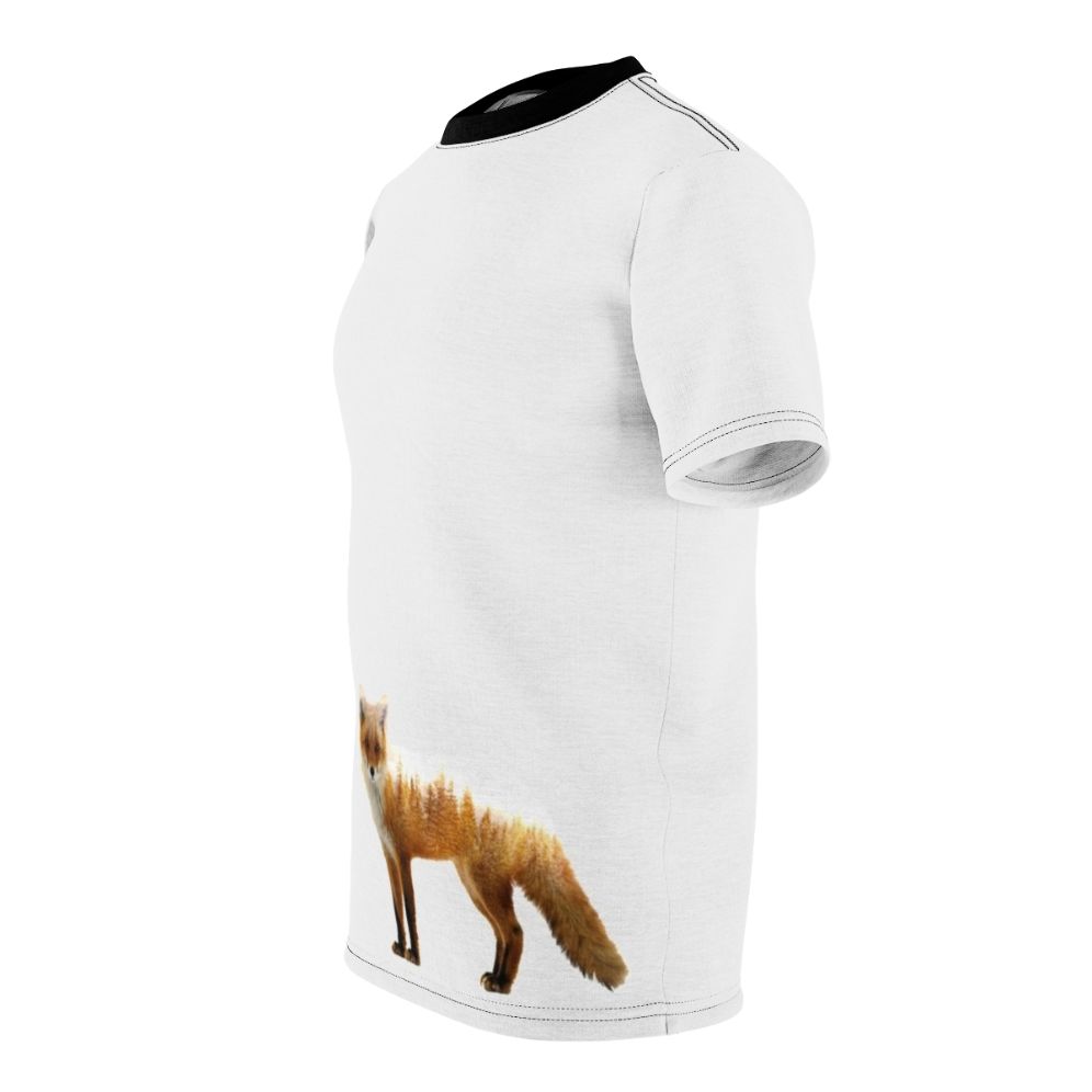 Stylish t-shirt featuring a double exposure design of a majestic forest fox against a nature backdrop - men left