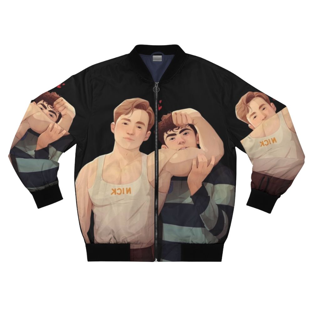 Bomber jacket featuring a romantic illustration of the gay couple Nick and Charlie from the Heartstopper book and Netflix series.