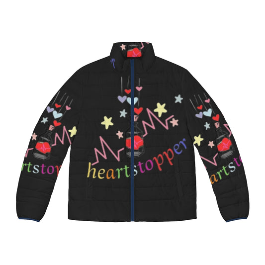 Heartstopper Valentine's Day Puffer Jacket featuring a rainbow design and the Heartstopper series logo