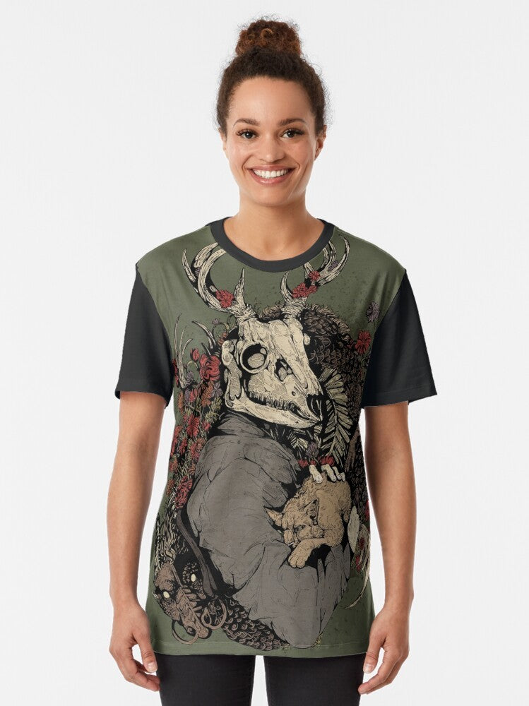 Vintage-inspired graphic t-shirt featuring a dragon, fantasy elements, and a gothic design - Women