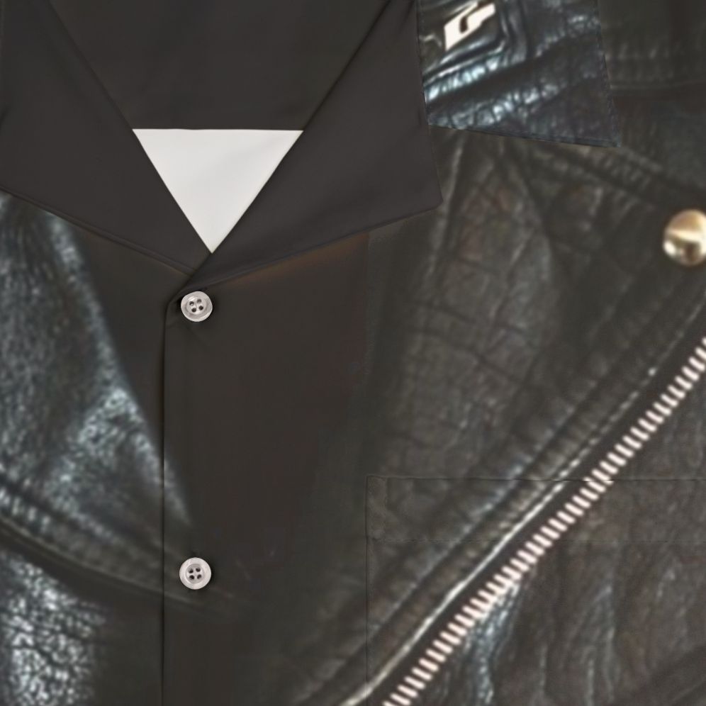 Black leather jacket with a tropical Hawaiian shirt pattern - Detail