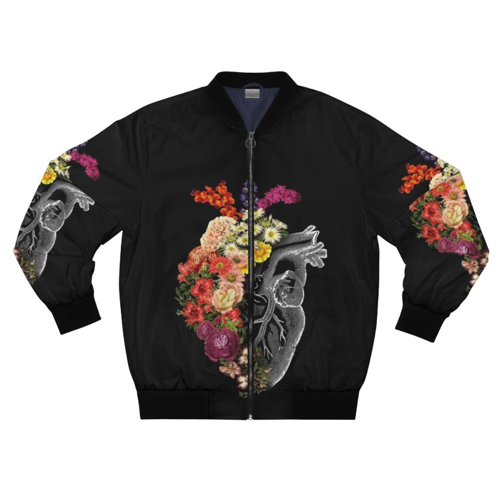 Flower Heart Spring Bomber Jacket featuring an anatomical heart design with floral elements.