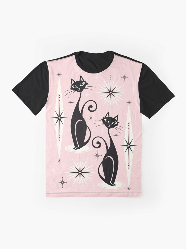 Mid century modern graphic t-shirt featuring atomic-inspired cats and starbursts in a warm pink design - Flat lay