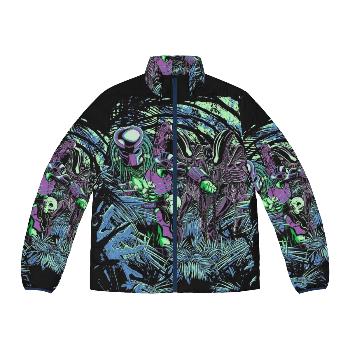 Neon puffer jacket with alien vs predator inspired sci-fi jungle design