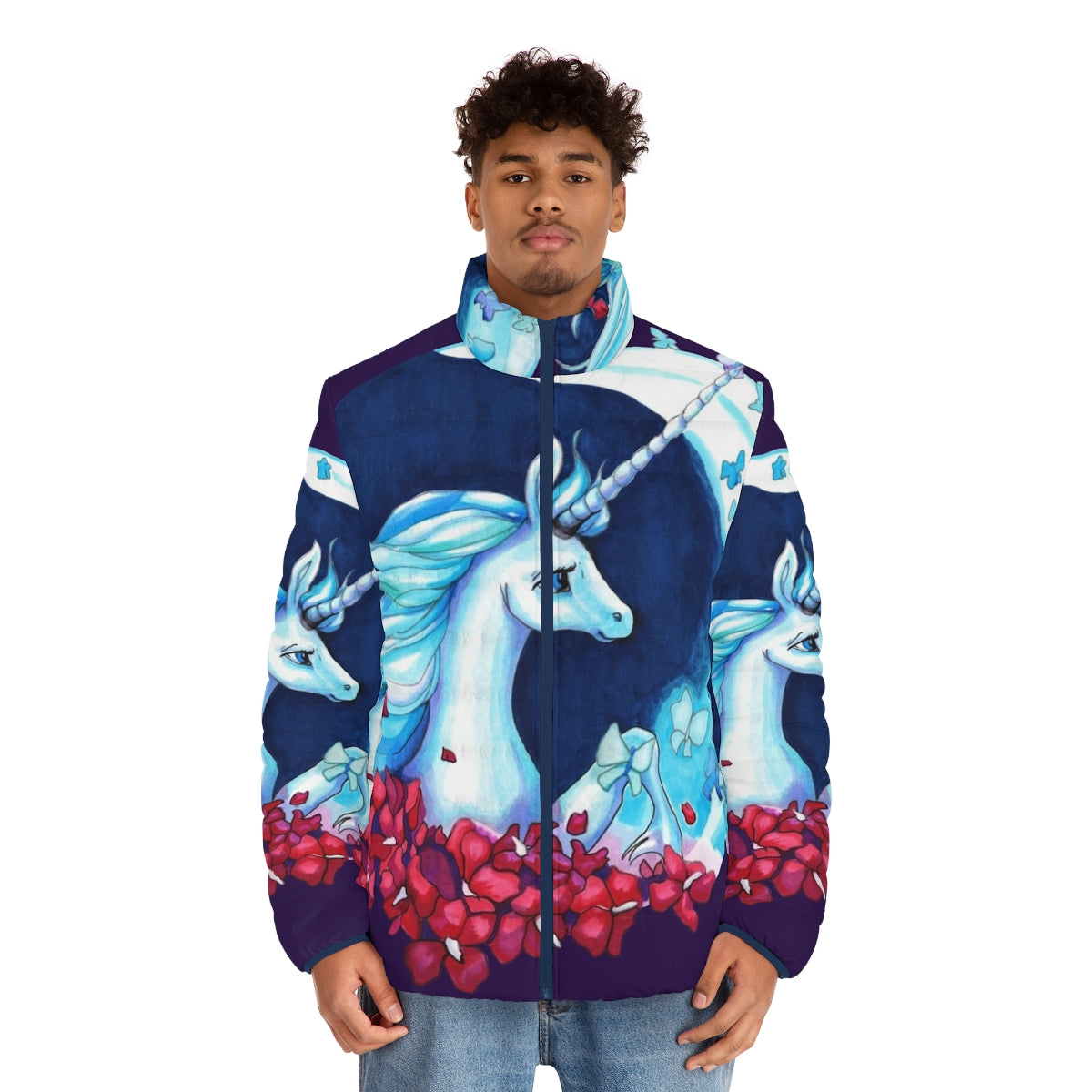 A whimsical puffer jacket featuring the iconic unicorn from the beloved fantasy film "The Last Unicorn" - men front