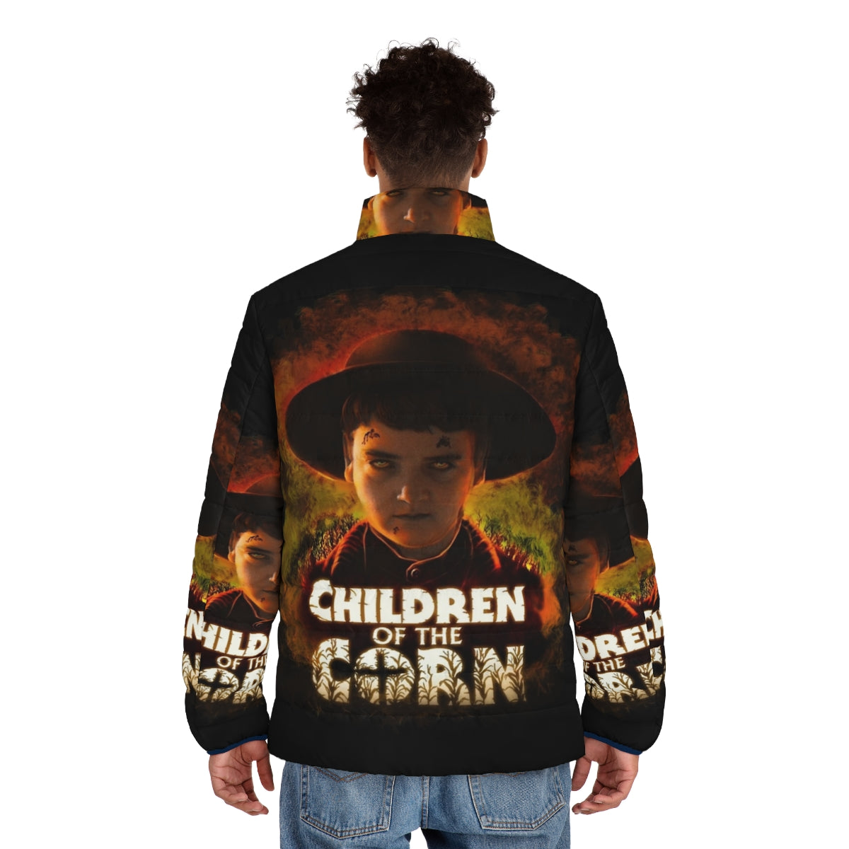 Children of the Corn puffer jacket with spooky corn field design - men back