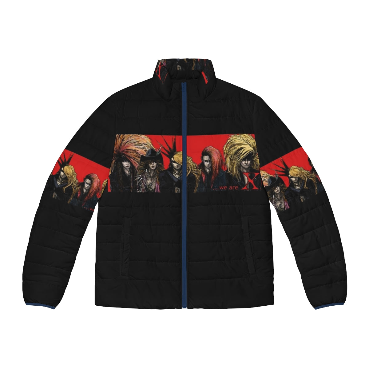 X Japan We Are X Puffer Jacket featuring band members Yoshiki, Hide, Taiji, Pata, and Toshi