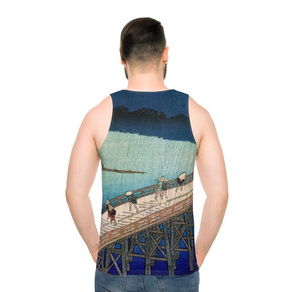 Unisex tank top featuring the Japanese ukiyo-e artwork "Sudden Shower Over Shin Ohashi Bridge" by Hiroshige - men back