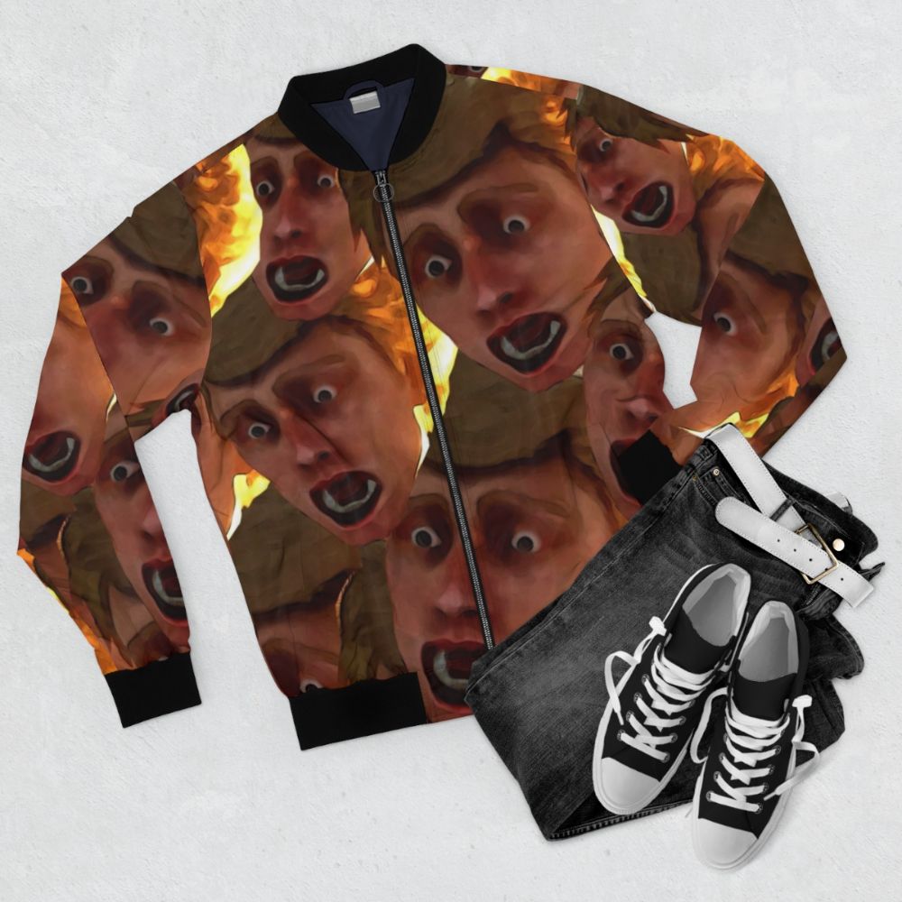 "Chad Is Afraid" Friday the 13th-inspired bomber jacket with a scared, funny face design - Flat lay