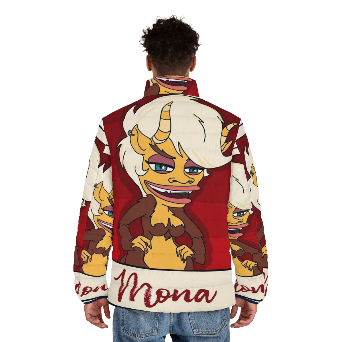 Big Mouth Hormone Monster Mona Puffer Jacket with anime-inspired design - men back