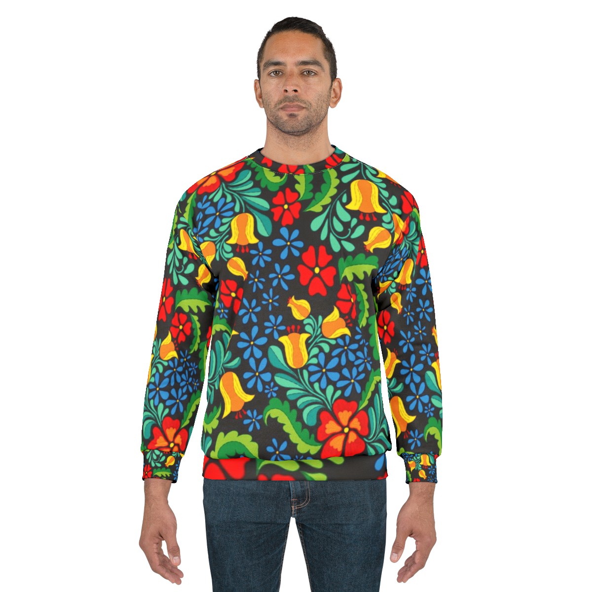 Ethnic Mexican Sweatshirt with Vibrant Abstract Floral Pattern - men