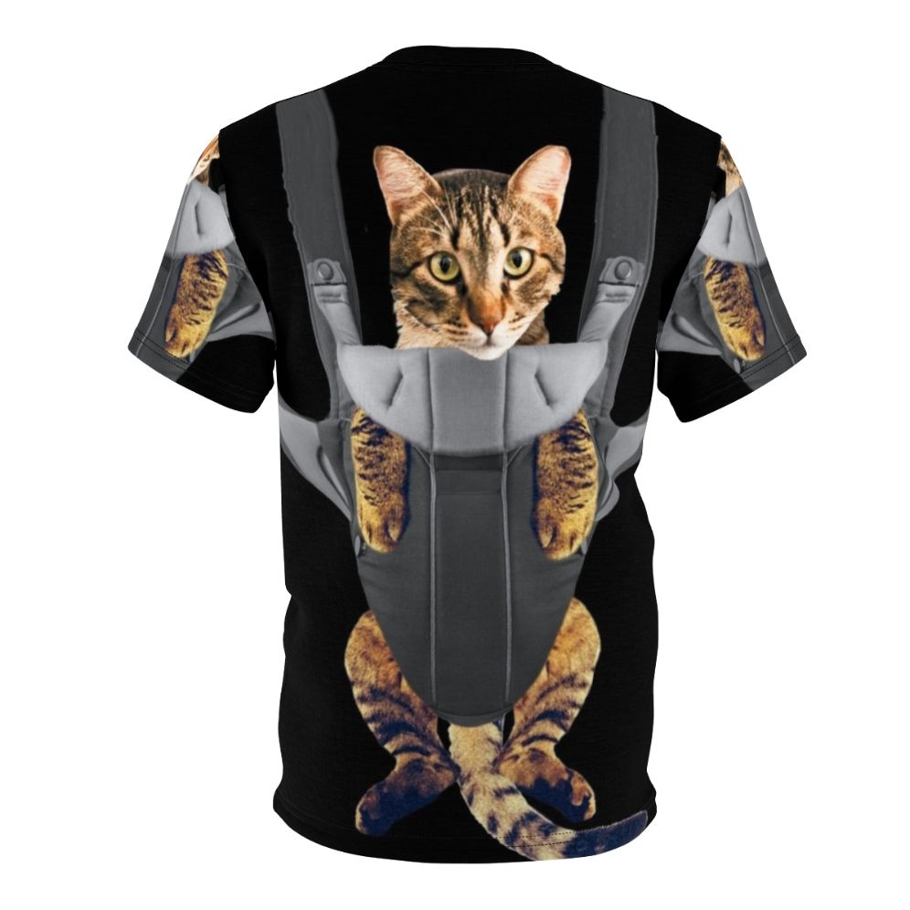 Mockup image of a t-shirt with a cute tabby cat sitting in a baby carrier - Back