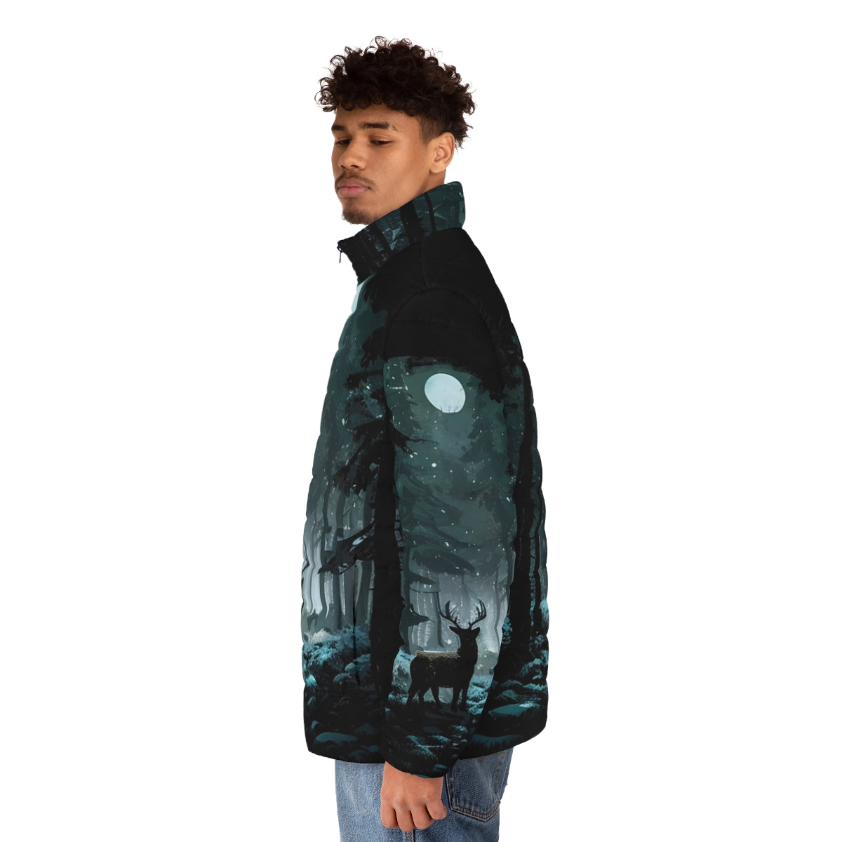 A cozy puffer jacket featuring a serene winter woods landscape with a deer, snow, and a full moon. - men side left