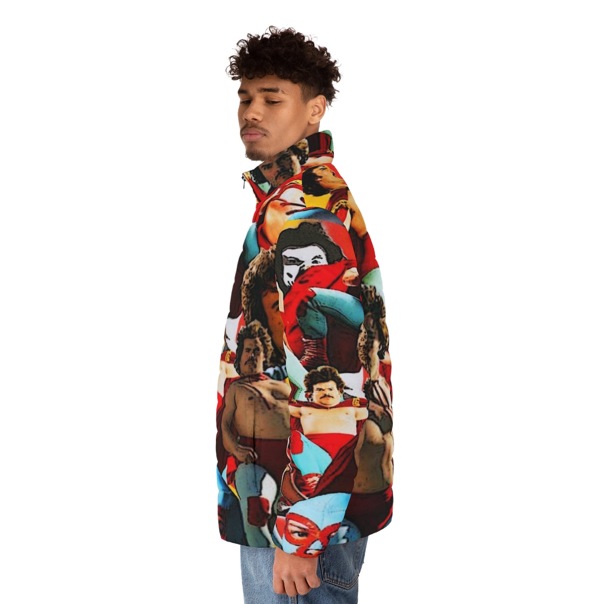 Nacho Libre-inspired puffer jacket with luchador design - men side left