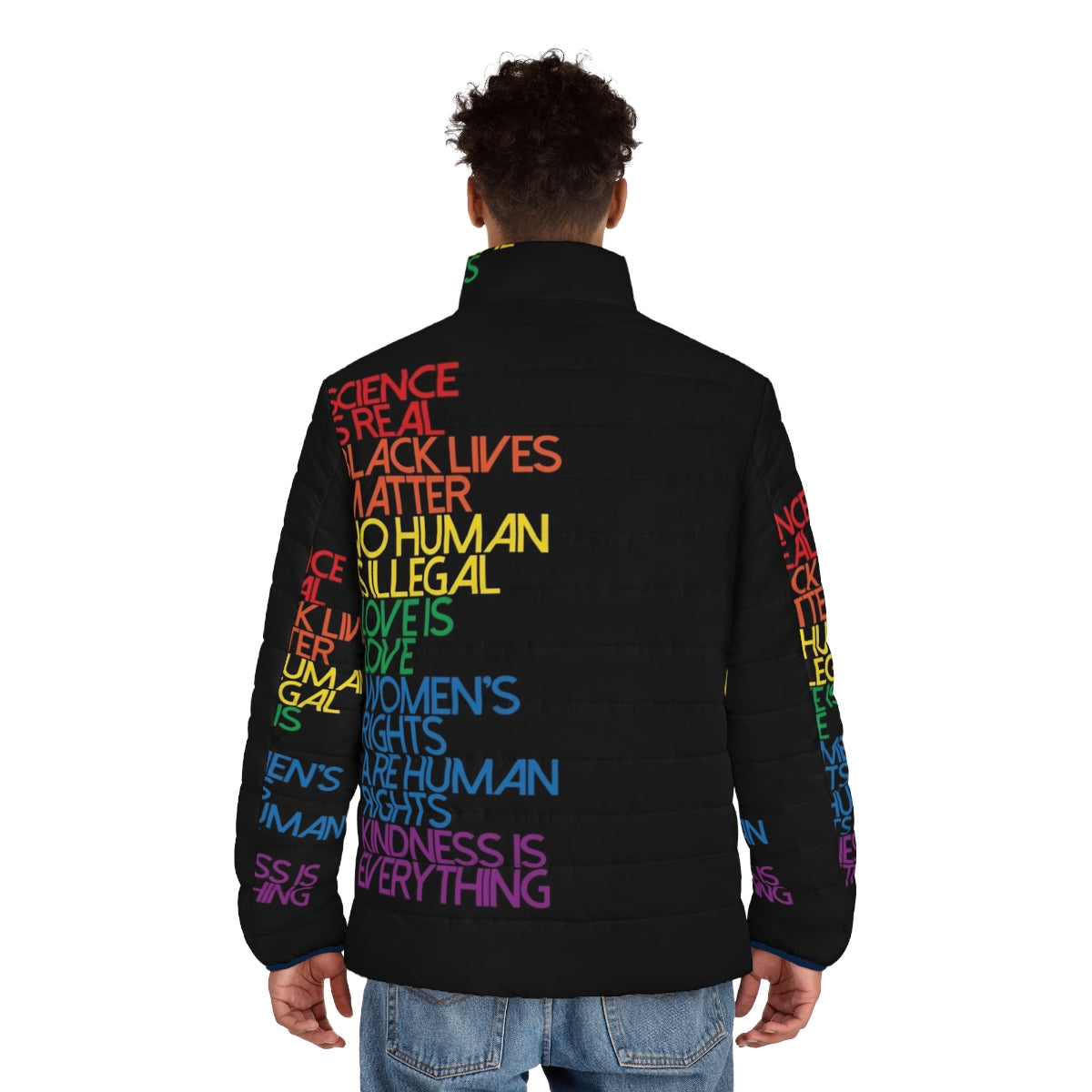 Women's black puffer jacket with "Science Is Real Black Lives Matter" text - men back