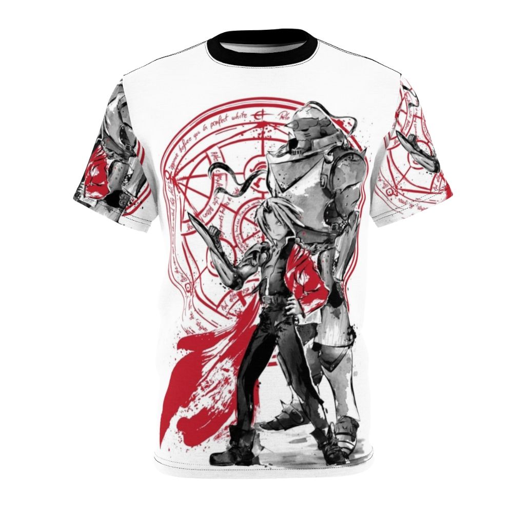 Anime-inspired Sumi-E art t-shirt featuring elements from the popular manga and anime series, Fullmetal Alchemist Brotherhood.