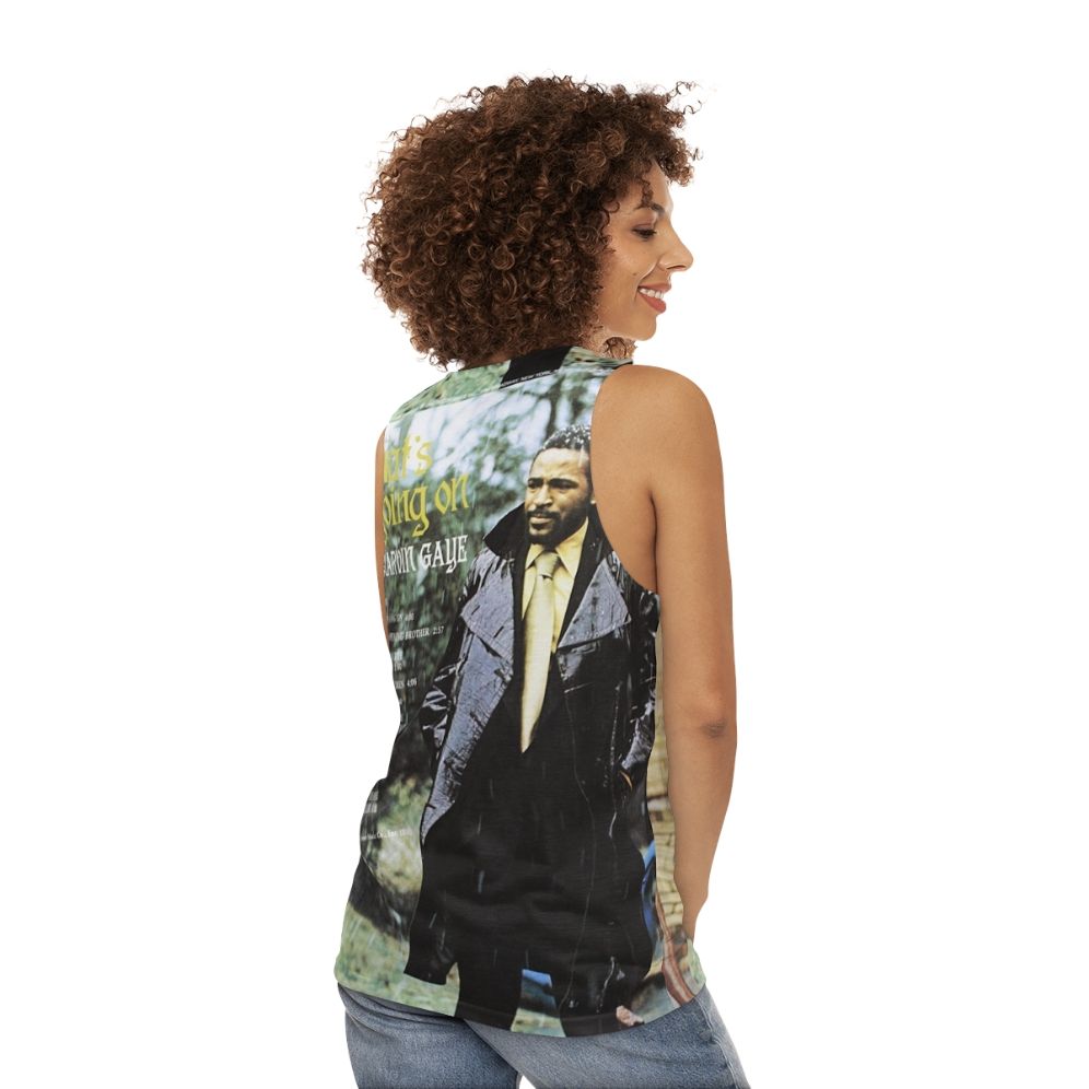 Unisex tank top with retro music and vintage style - women back