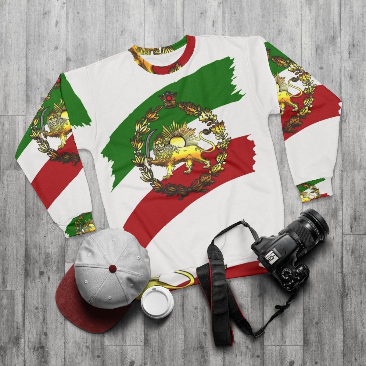 Iran Pahlavi Flag Sweatshirt with Lion and Crown - flat lay