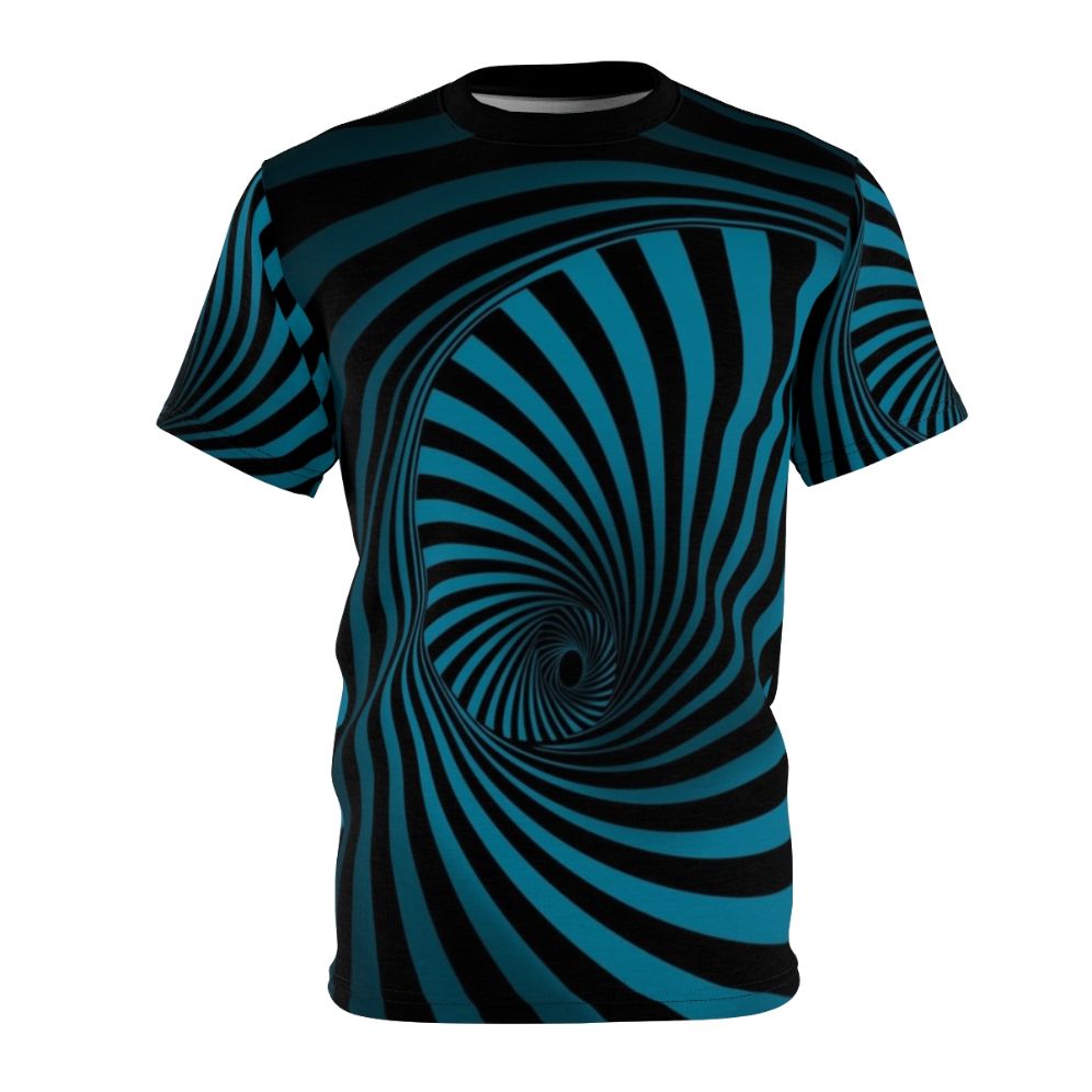 Swirling optical illusion t-shirt with a psychedelic abstract pattern design.