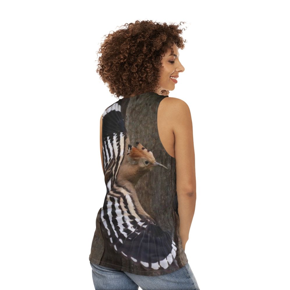 Hoopoe bird in flight on a unisex tank top - women back