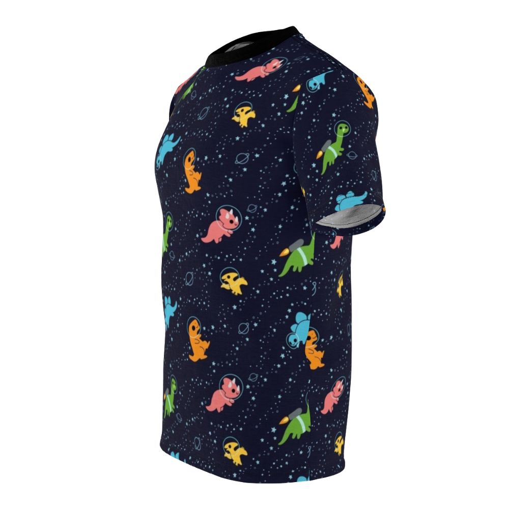 Illustrated design of a cute brontosaurus dinosaur wearing an astronaut suit and jetpack, floating in a night sky filled with stars, galaxies, and planets. - men left