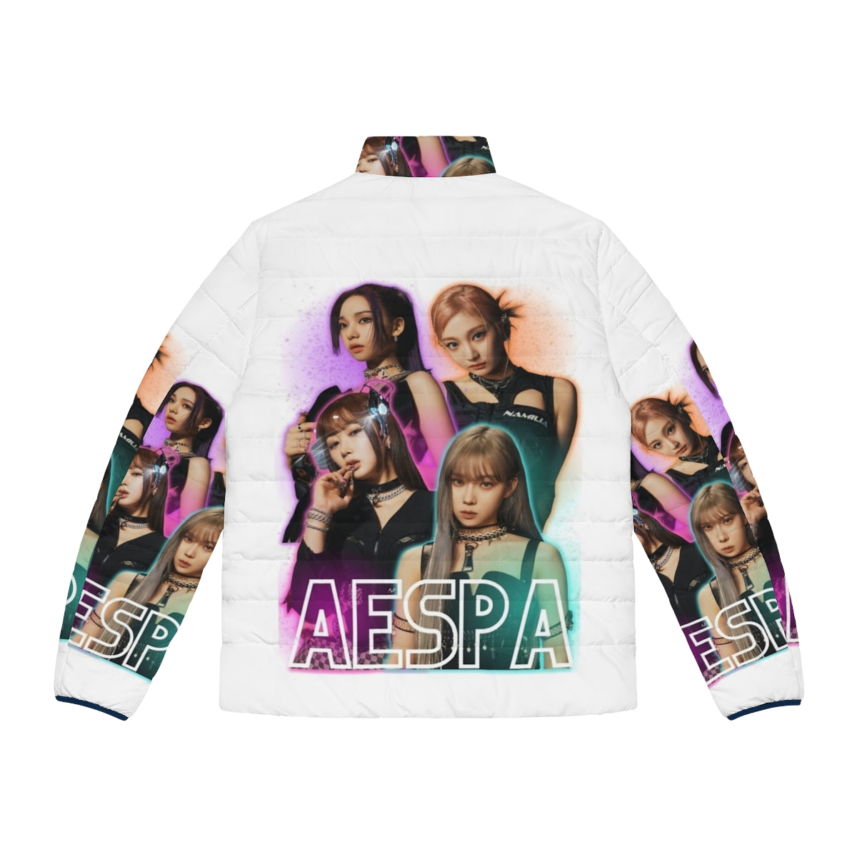 Aespa members wearing stylish puffer jackets in a winter-themed collage image - Back