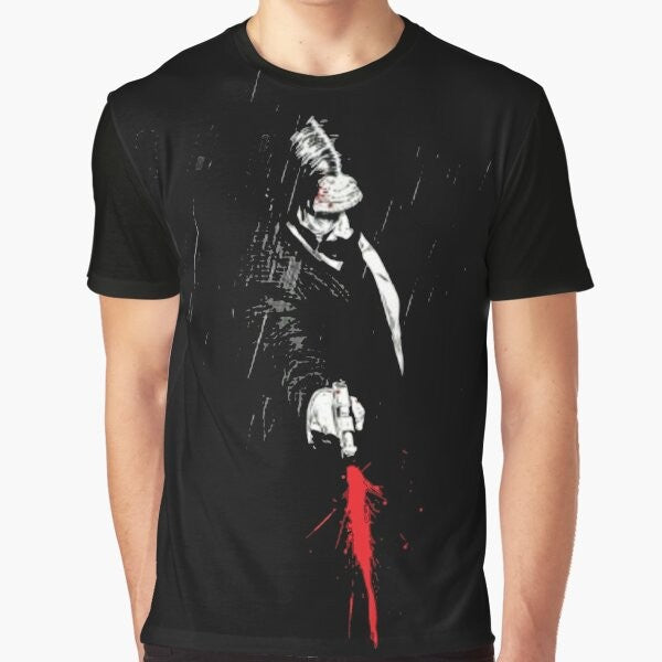 Baba Yaga graphic t-shirt design featuring a blood-red illustration