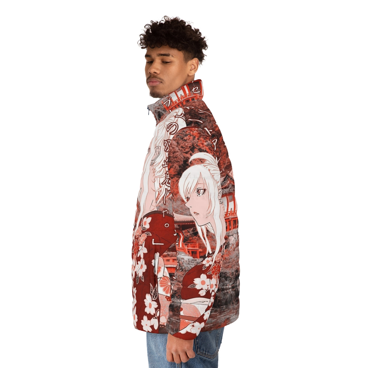 Anime-inspired Kiss Shot Yukata puffer jacket with beautiful scenery and quote - men side left