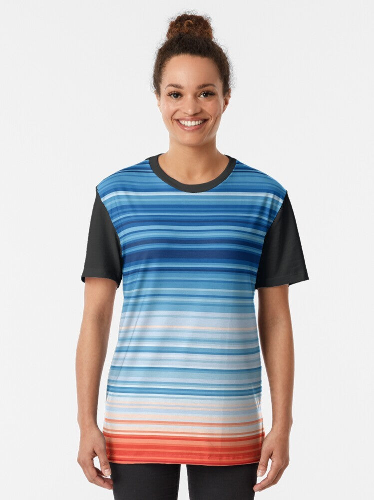 T-shirt with a graphic design featuring "Warm Stripes" and text related to climate change, global warming, and environmental activism. - Women