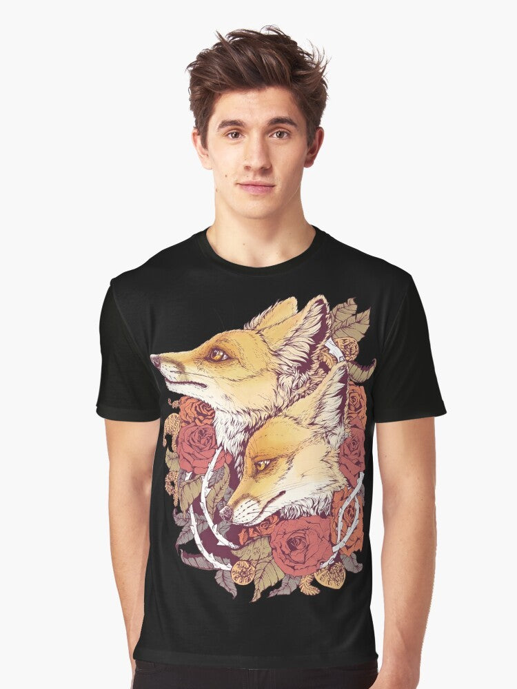 Red fox surrounded by rose buds, ferns, and spirals in a nature-inspired graphic design. - Men