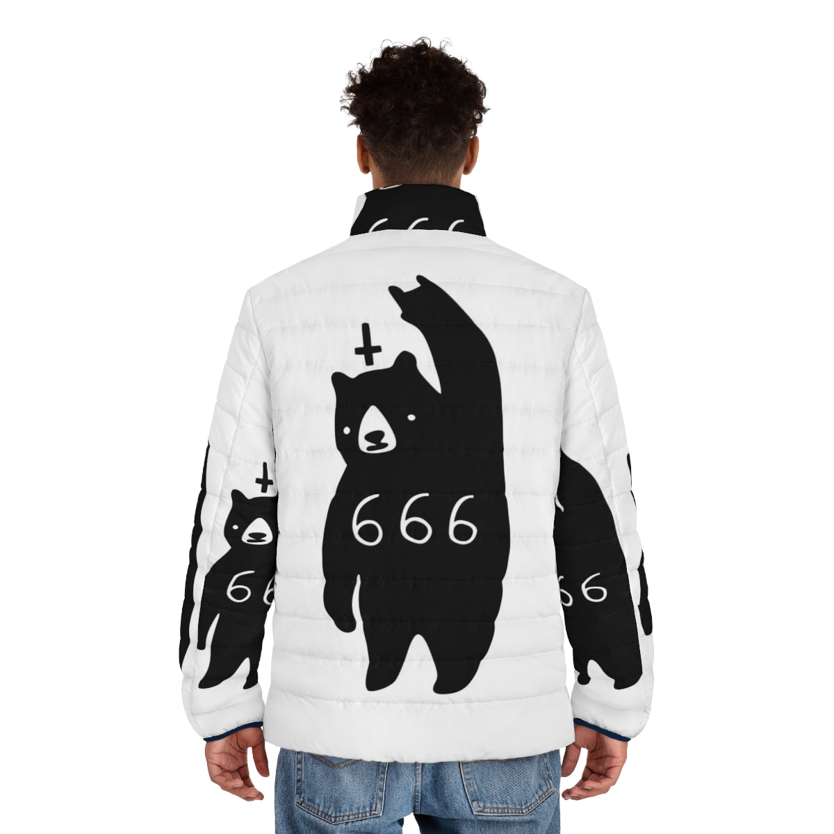 Black metal bear puffer jacket with satanic devil horns design - men back