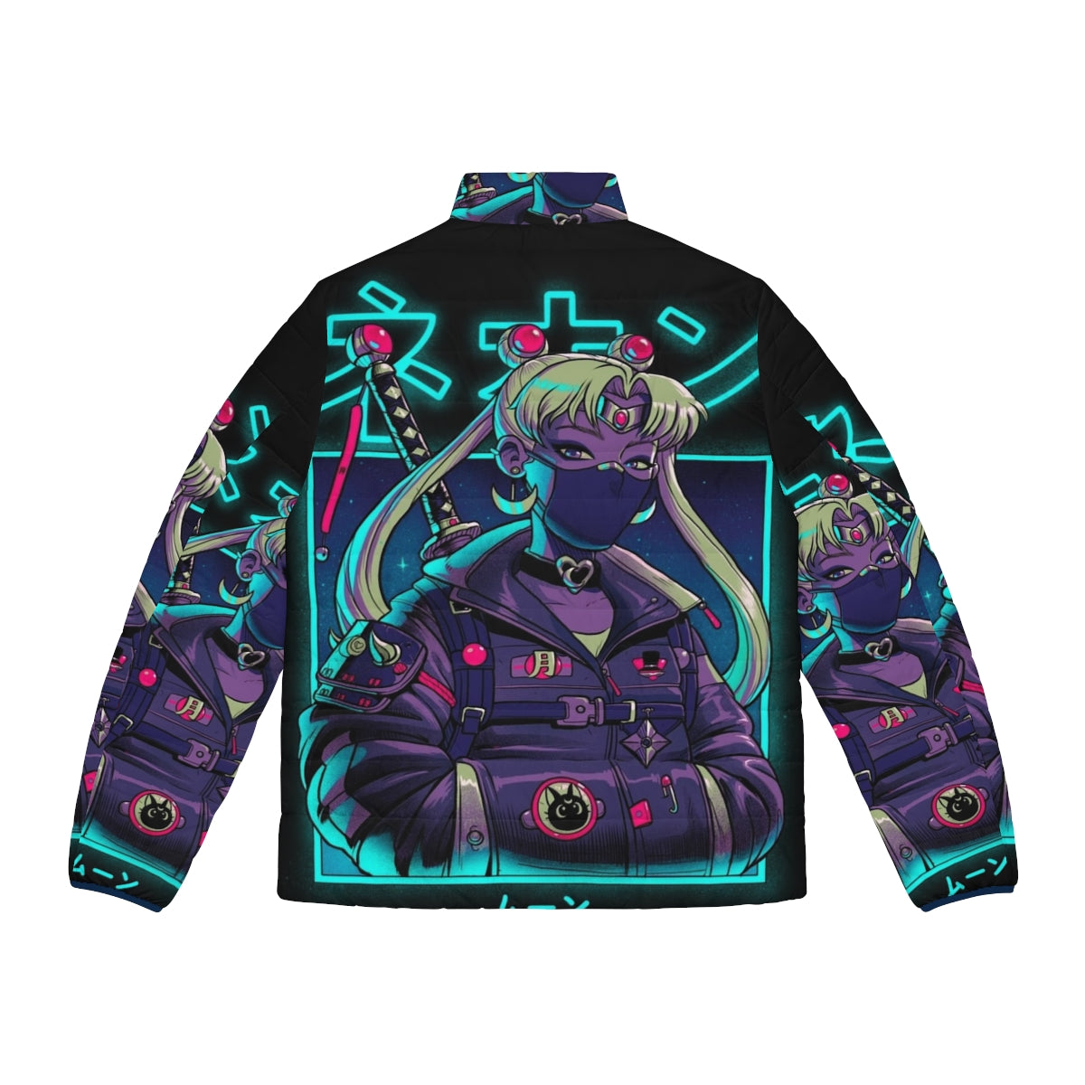 Neon puffer jacket with moon and samurai design - Back