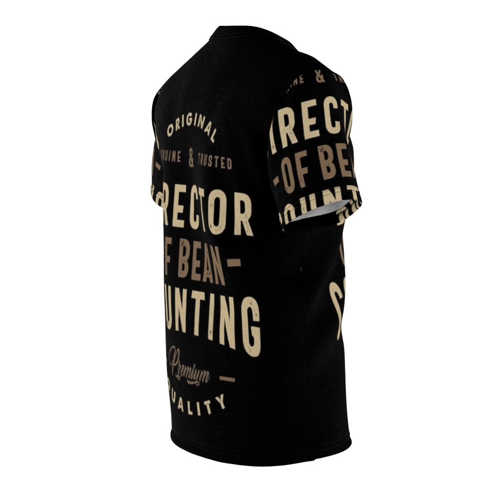 A graphic t-shirt design featuring the text "Director of Bean Counting" in an artistic typography style, suitable for accounting, finance, and office work professions. - men right