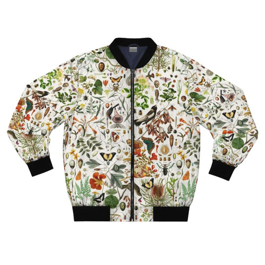 Vintage-style bomber jacket featuring a collage design of butterflies, birds, insects, and native Australian flora and fauna.